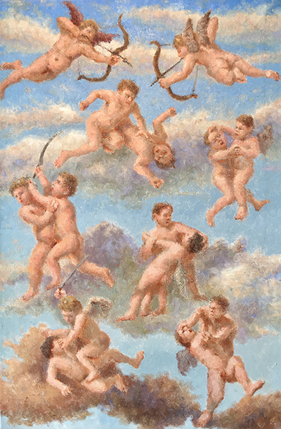 Putti Fight, 2017. Fingerpainting. Oil on Linen, 30 x 20 in. John A. Parks
