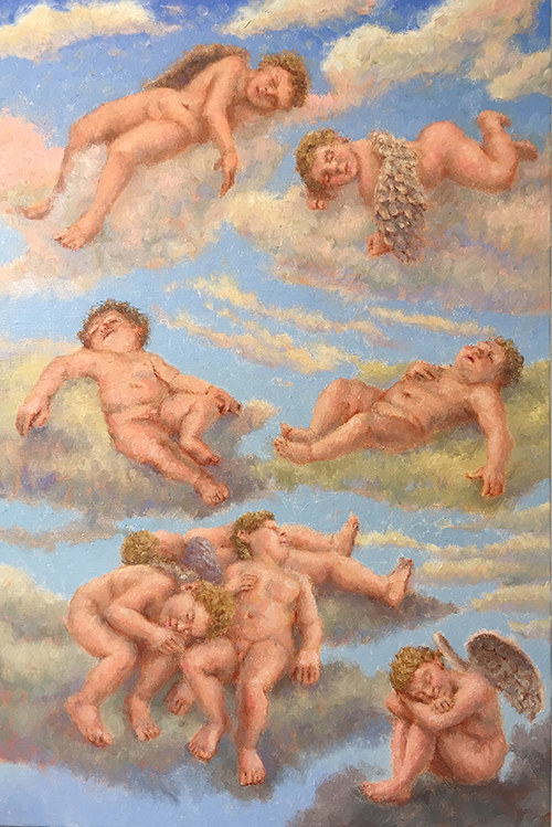 Putti Sleeping, 2017. Fingerpainting. Oil on Linen, 30 x 20
