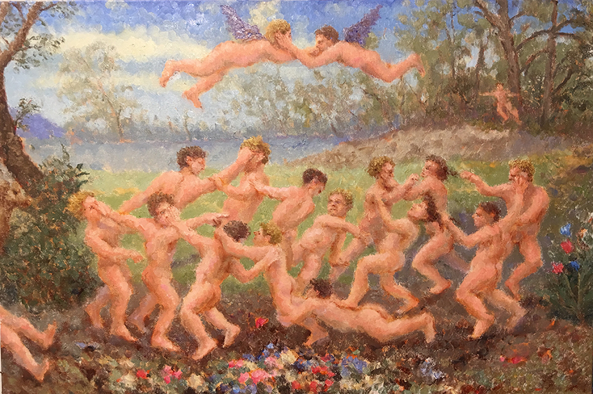 Putti Circle, 2017. Fingerpainting. Oil on Linen 20 x 30 in.